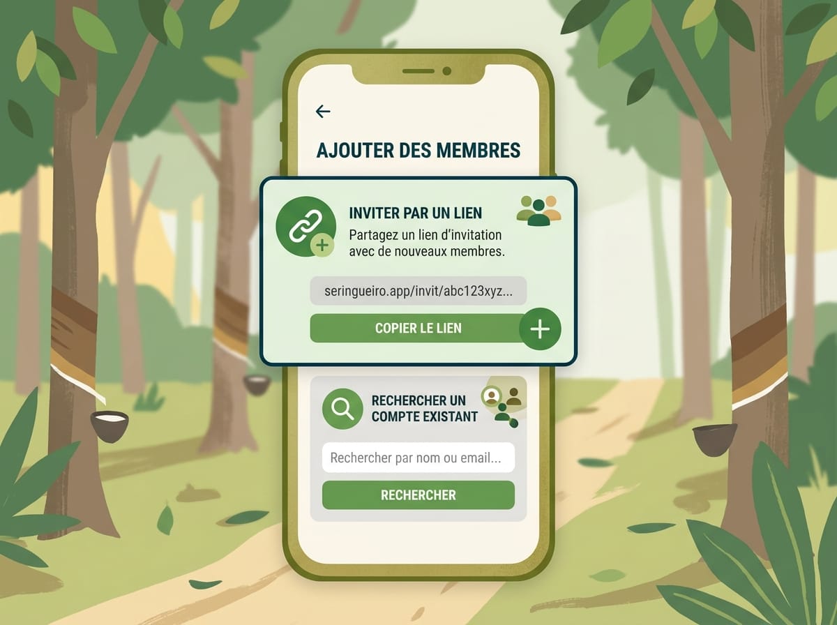 Réplica éditoriale de l’écran Ajouter des membres dans Seringueiro avec l’option Inviter avec un lien