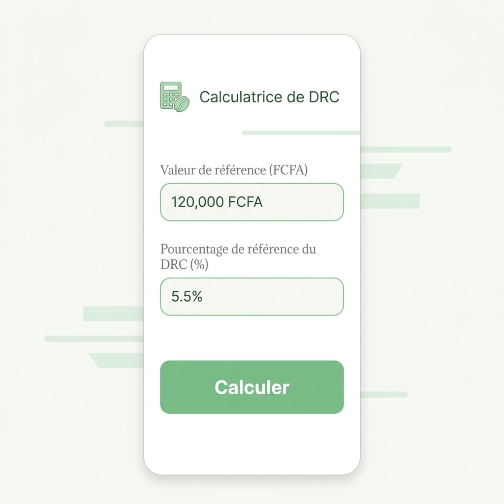 Réplica éditoriale de l’écran Calculatrice de DRC dans Seringueiro avec champ valeur de référence, pourcentage de référence et bouton Calculer