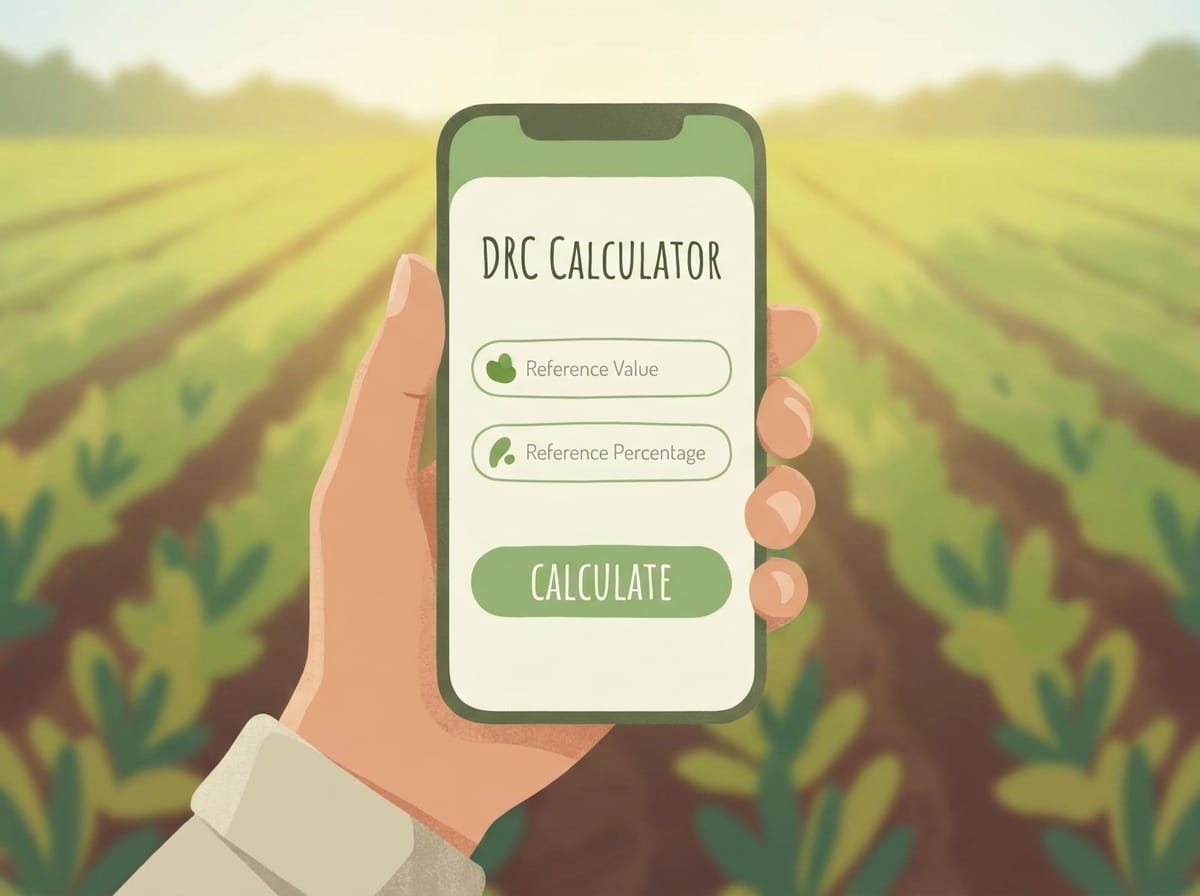 Réplica éditoriale de l’écran de calcul DRC avec prix de référence et pourcentage dans Seringueiro