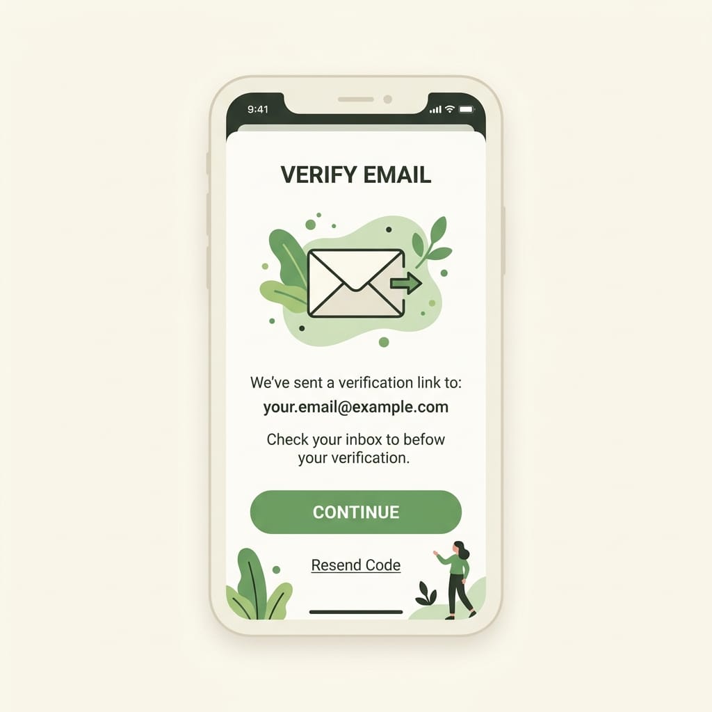 Réplica éditoriale de l’écran de vérification d’e-mail dans Seringueiro avec icône d’enveloppe, message de contrôle et bouton de validation