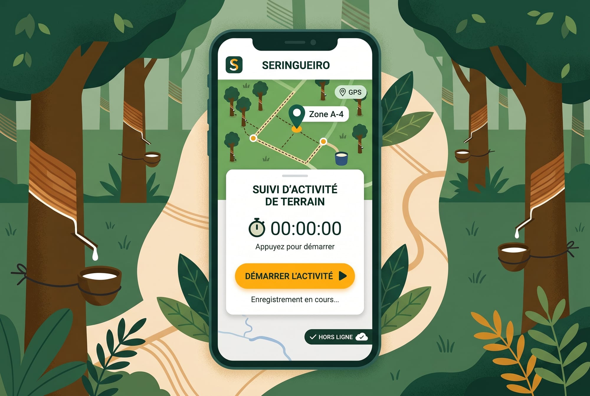 Réplica éditoriale de l’écran de démarrage du suivi d’activité de terrain dans Seringueiro