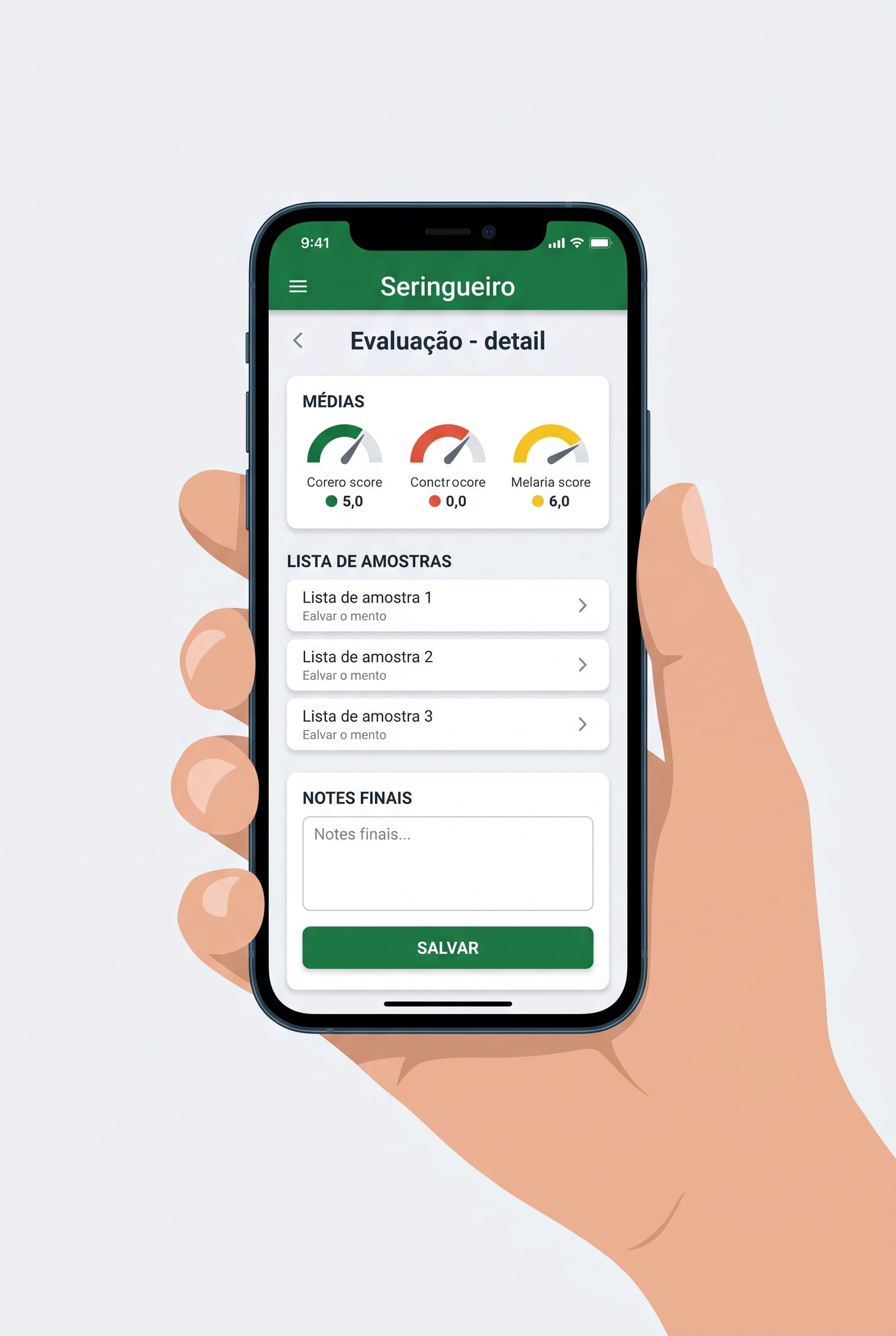 Réplica éditoriale de l’écran d’évaluation avec notes finales dans l’app Seringueiro