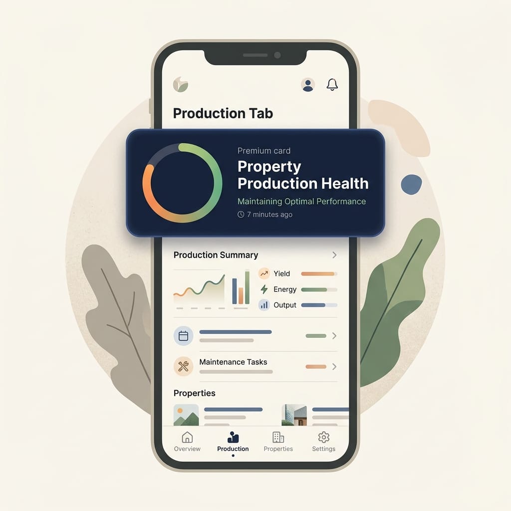 Réplica éditoriale de l’entrée du score de santé de la propriété dans l’onglet de production de l’app Seringueiro
