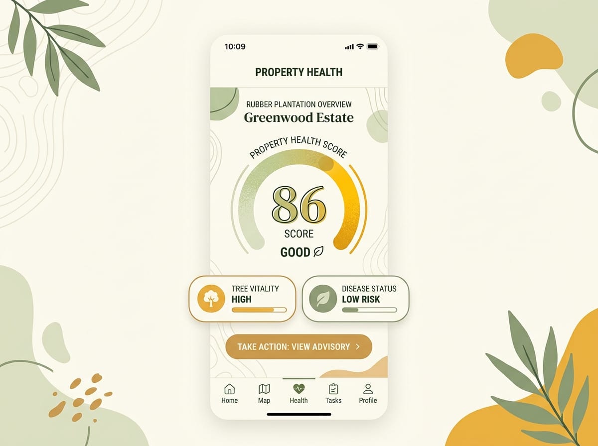 Réplica éditoriale du score de santé d’une propriété dans l’app Seringueiro