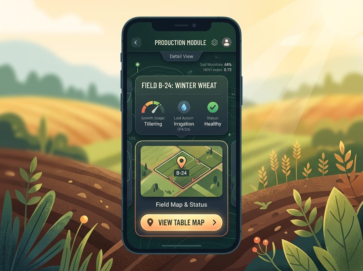 Réplica éditoriale de l’écran de détail d’un module avec l’action pour ouvrir la carte des tables dans l’app Seringueiro