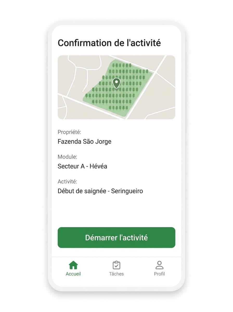 Réplica éditoriale de l’écran de démarrage d’activité de terrain dans Seringueiro