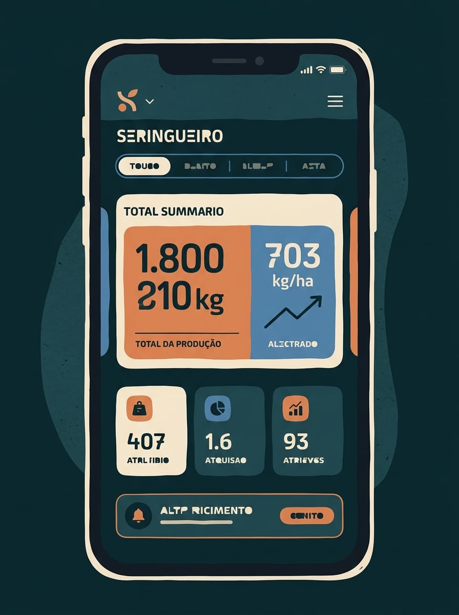 Vue éditoriale de l’écran de production avec carte de synthèse de productivité dans l’app Seringueiro