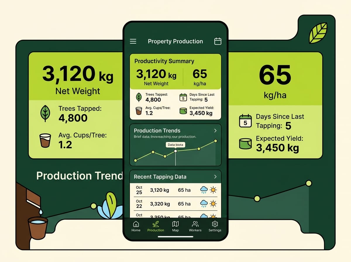 Réplica éditoriale de l’onglet de production d’une propriété avec la carte de synthèse de productivité dans l’app Seringueiro