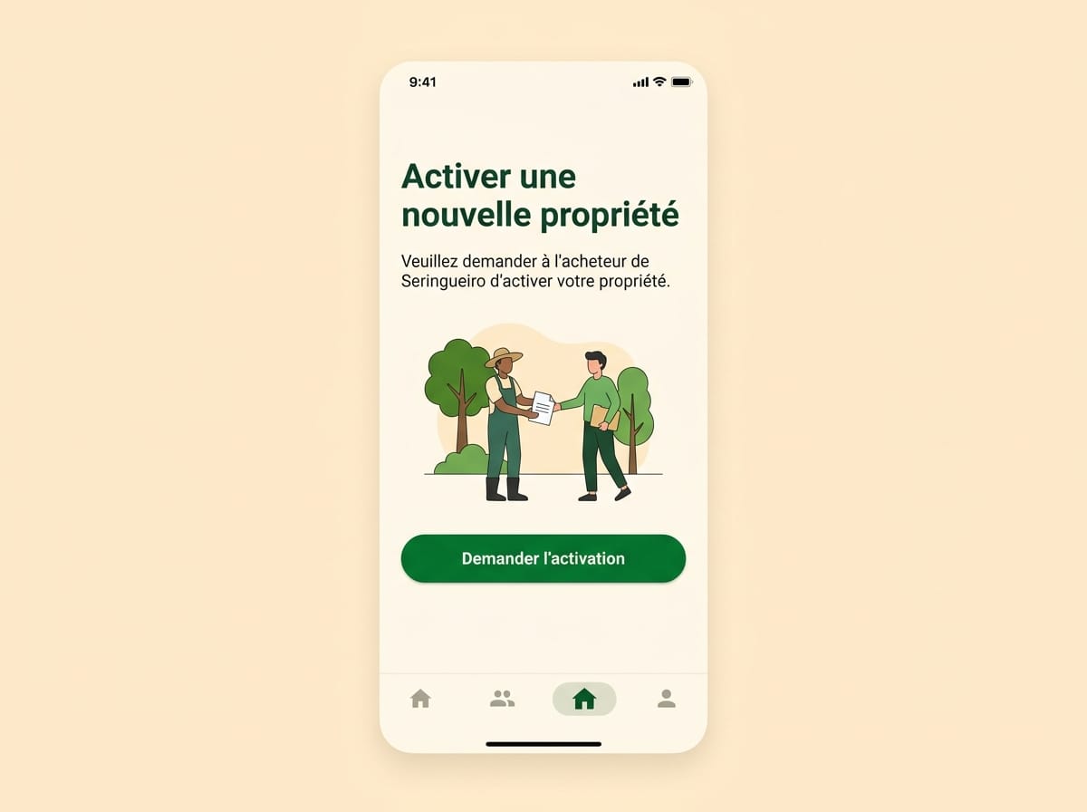 Réplica éditoriale de l’écran d’activation de propriété dans Seringueiro