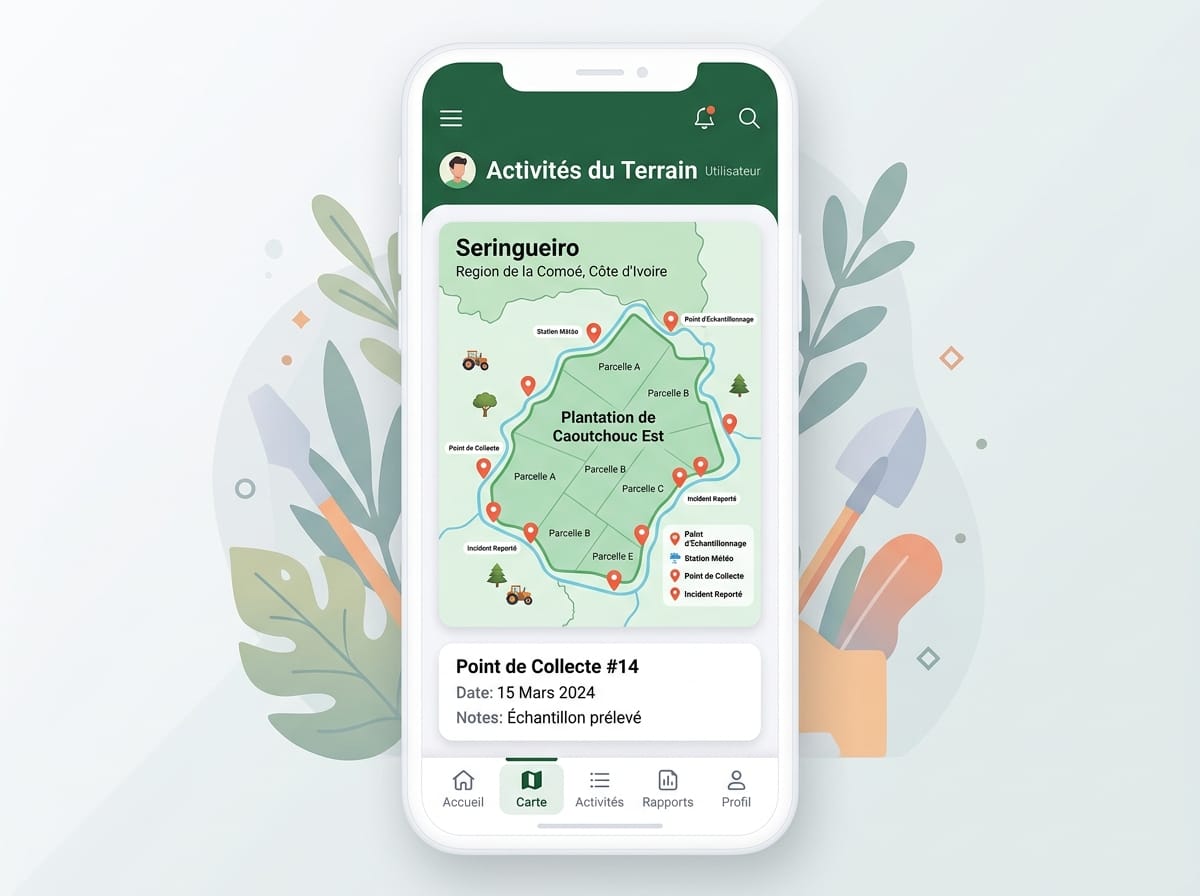 Réplica éditoriale de l’écran détail d’activité dans Seringueiro avec carte, points GPS et contour de parcelle