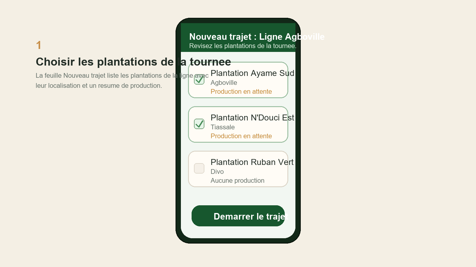 Réplica éditoriale de l’écran Nouveau trajet dans Seringueiro avec sélection de plantations sur une ligne de collecte