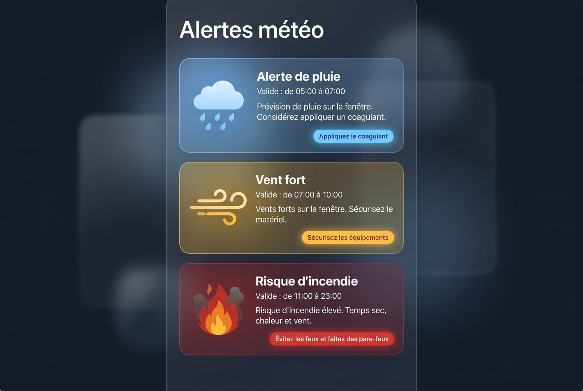 Réplica éditoriale du bloc Alertes météo dans l’écran météo de la propriété dans Seringueiro