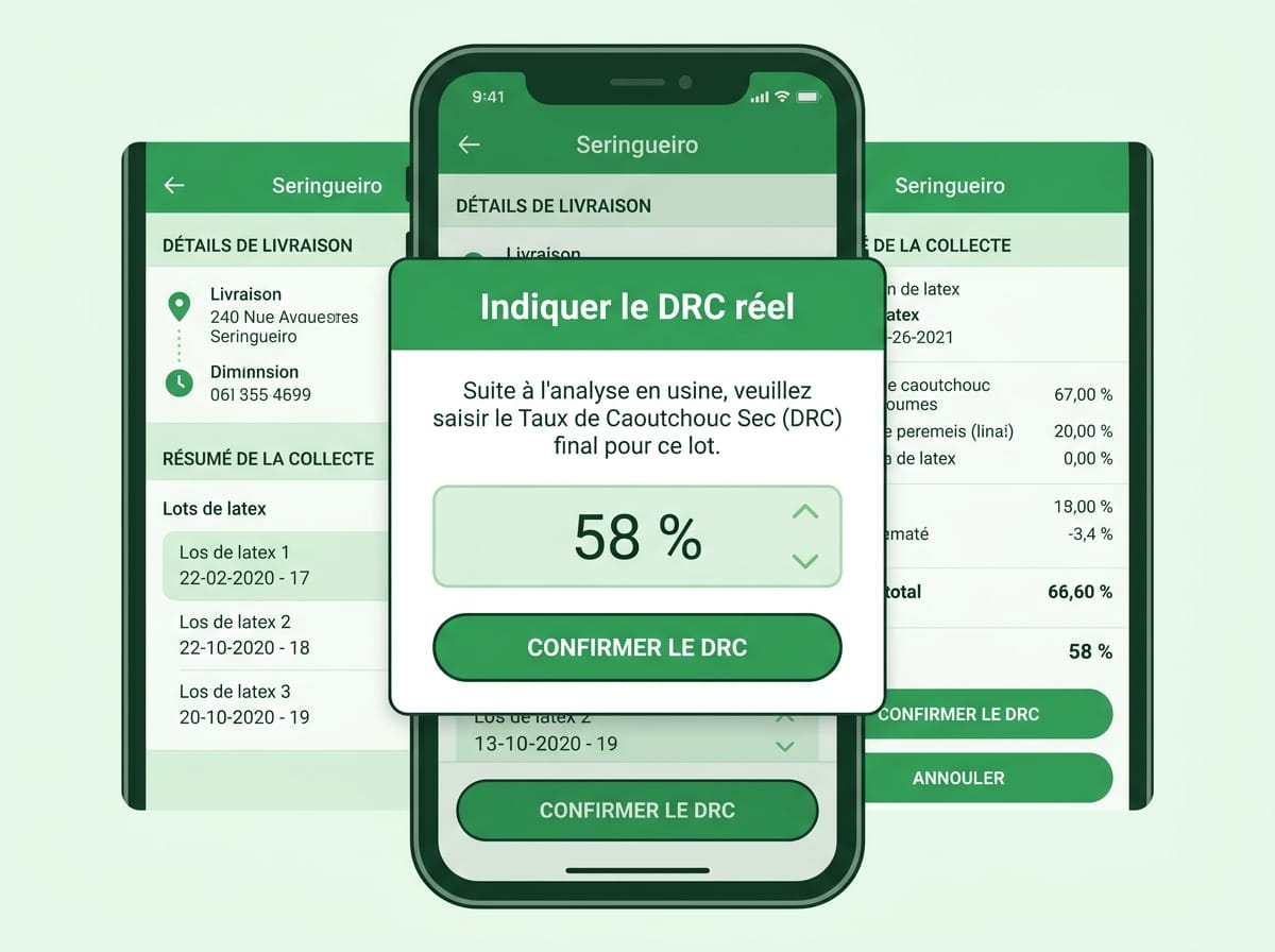 Réplica éditoriale de la fenêtre Indiquer le DRC réel dans Seringueiro avec champ pourcentage et confirmation