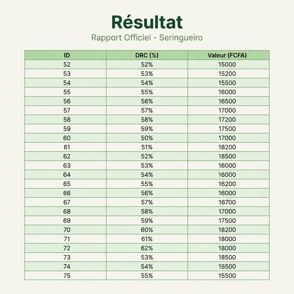 Réplica éditoriale de l’écran Résultat de la calculatrice DRC dans Seringueiro avec tableau de valeurs de 52 à 75 pour cent