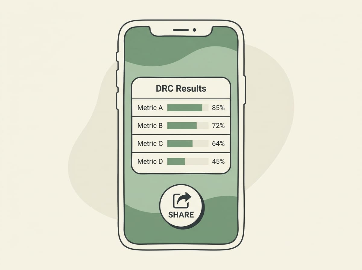 Réplica éditoriale de l’écran de résultats DRC avec tableau de valeurs dans Seringueiro