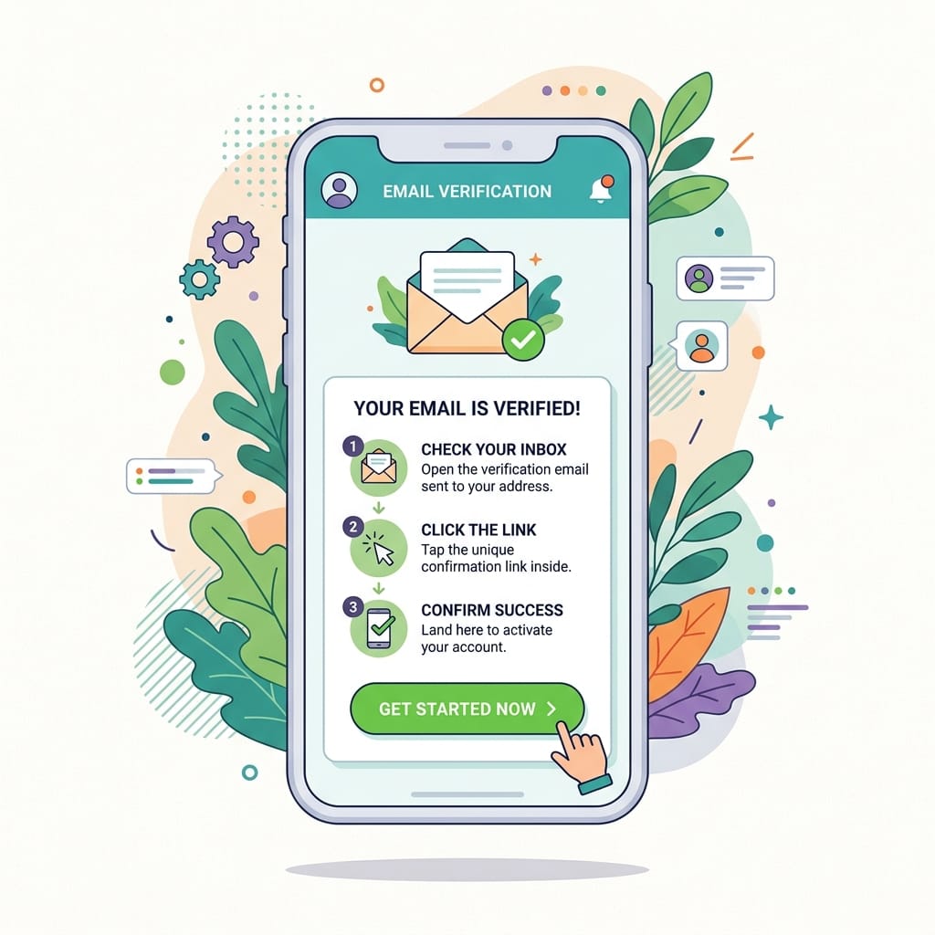 Réplica éditoriale de l’écran de vérification d’e-mail dans Seringueiro montrant le bouton J’ai déjà cliqué sur le lien et une carte d’instructions