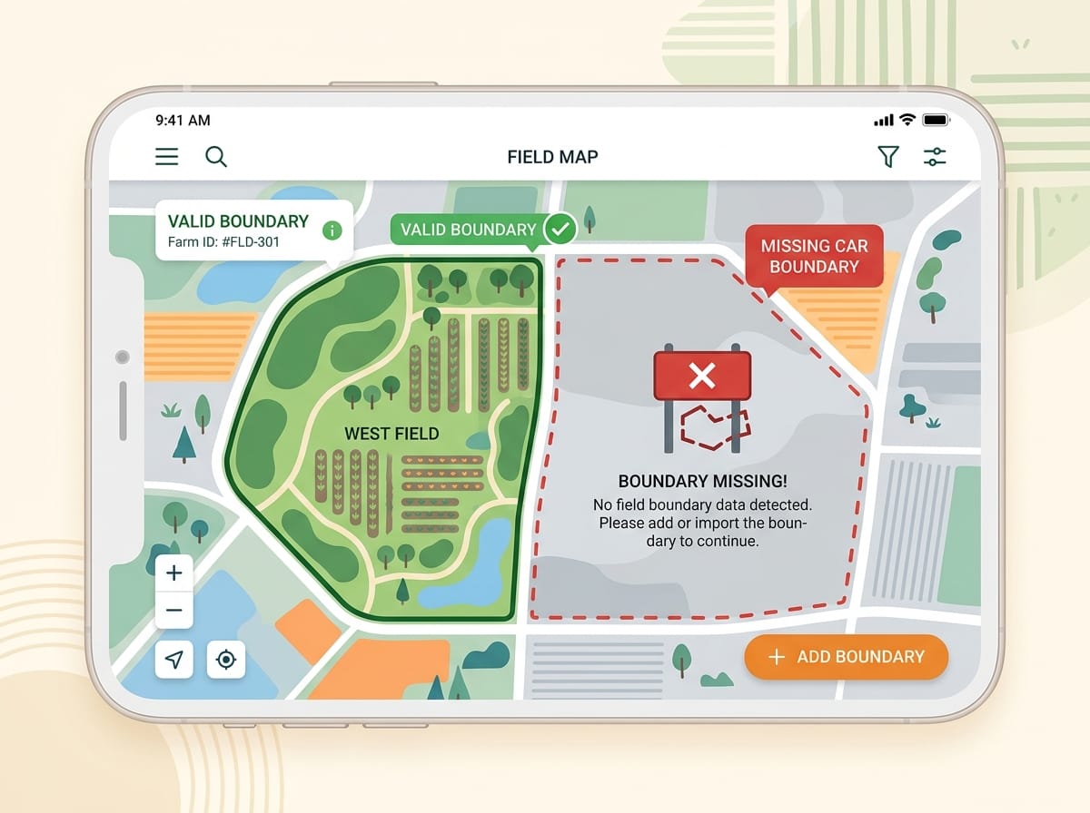 Réplica éditoriale d’un écran de carte des tables avec limite de propriété visible et état bloqué quand le CAR manque dans Seringueiro