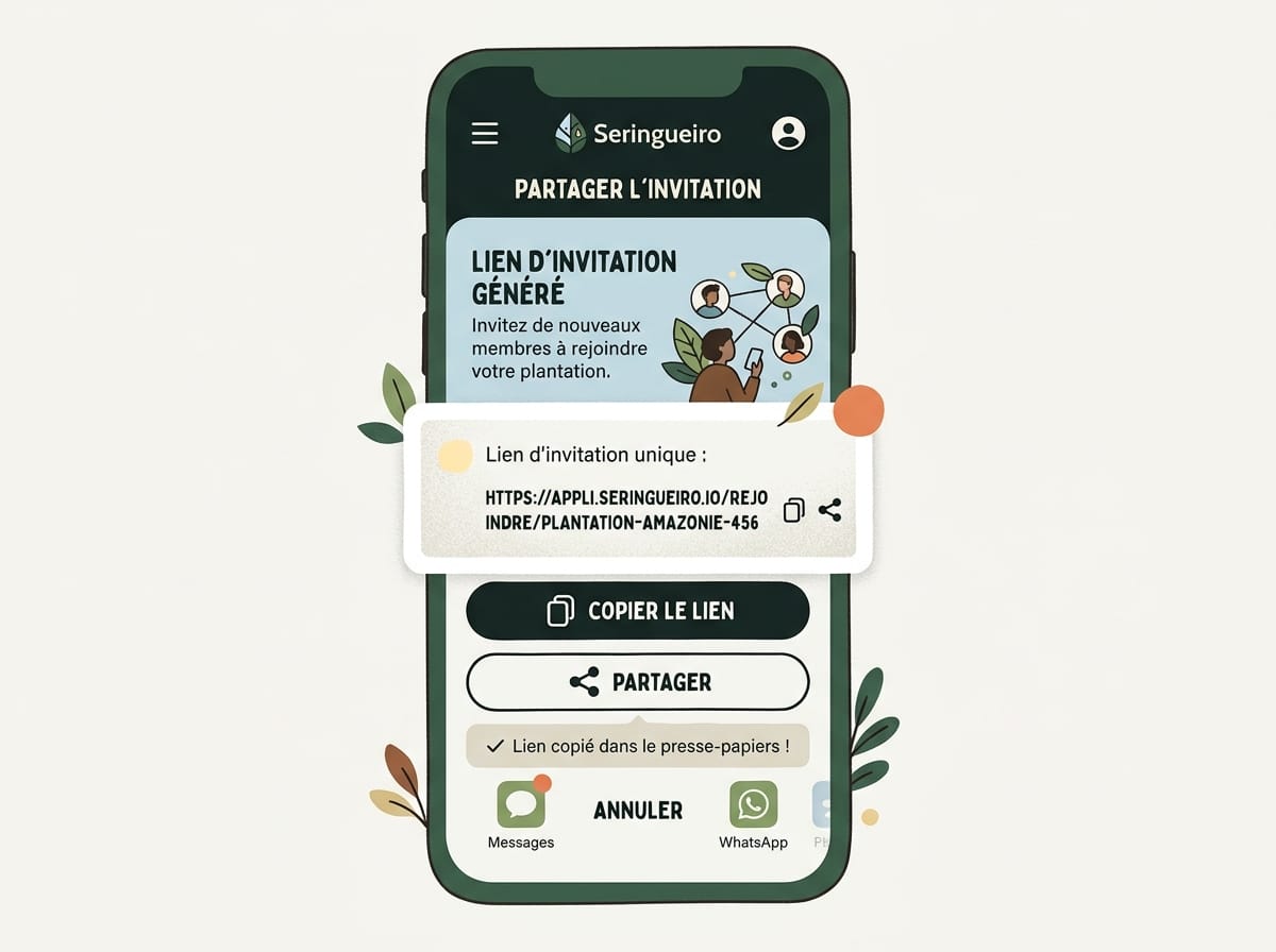 Réplica éditoriale du lien d’invitation généré pour rejoindre une plantation dans Seringueiro