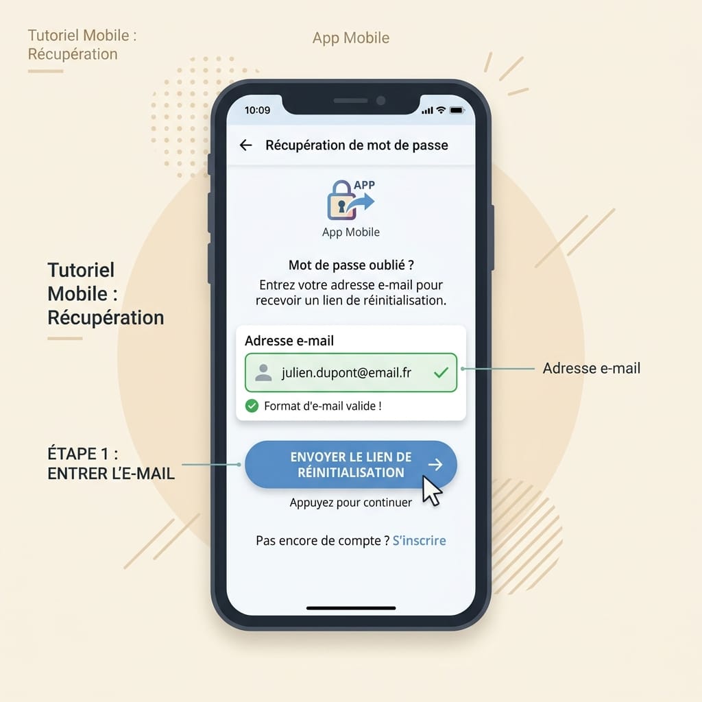 Réplica éditoriale de l’écran de récupération de mot de passe dans Seringueiro avec champ e-mail rempli et message de validation sous le champ