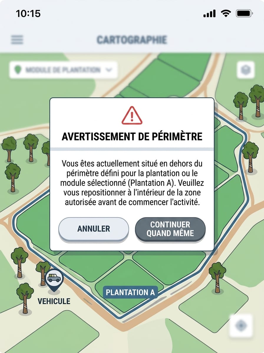Réplica éditoriale du dialogue d’avertissement de périmètre avant de démarrer une activité