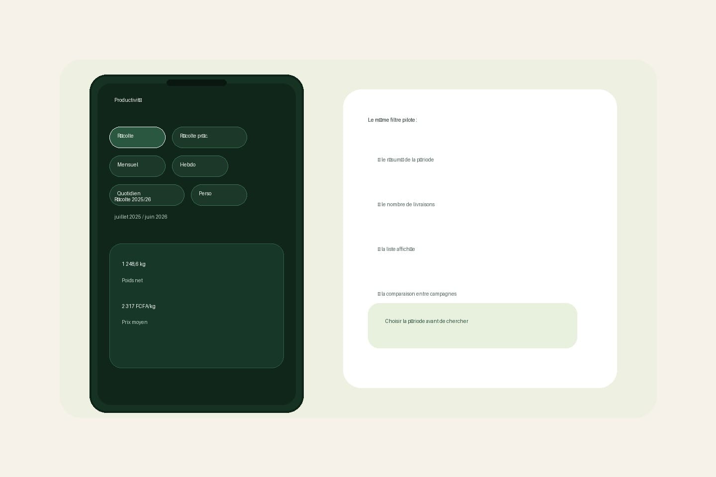 Réplica éditoriale du sélecteur de période dans Seringueiro avec Récolte, Mensuel, Hebdomadaire et Personnalisé