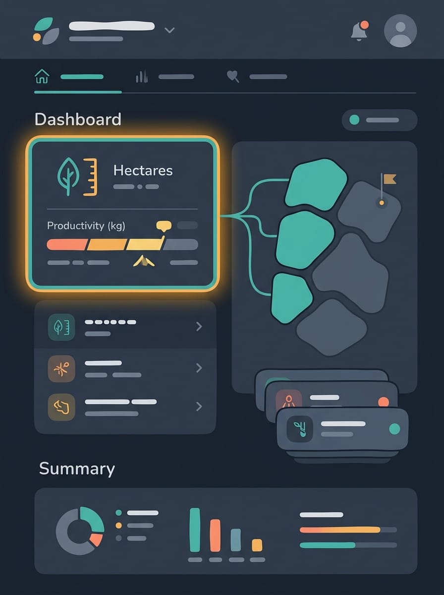 Réplica editorial da relação entre módulos ativos, área produtiva e métrica kg por hectare