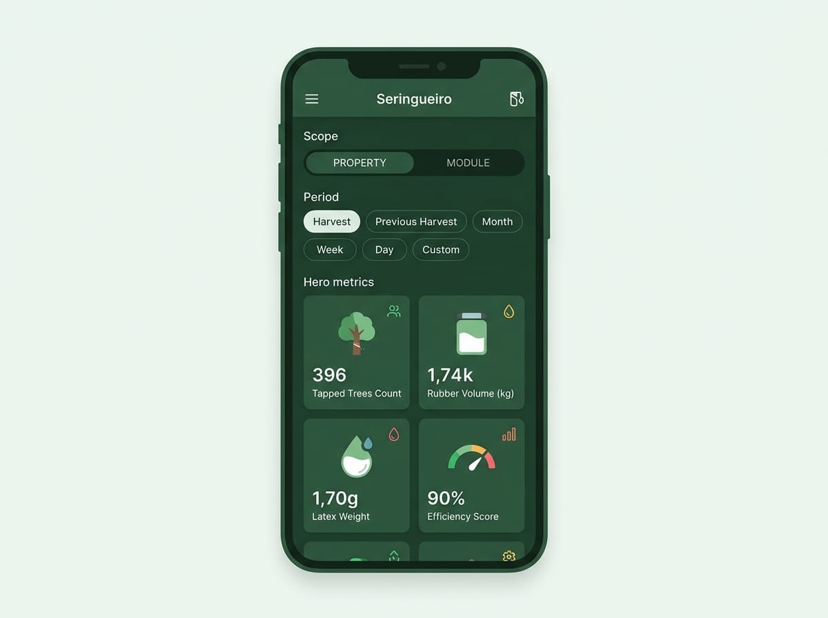 Réplica éditoriale de l’écran de productivité de propriété avec sélecteur de portée et filtres de période dans Seringueiro