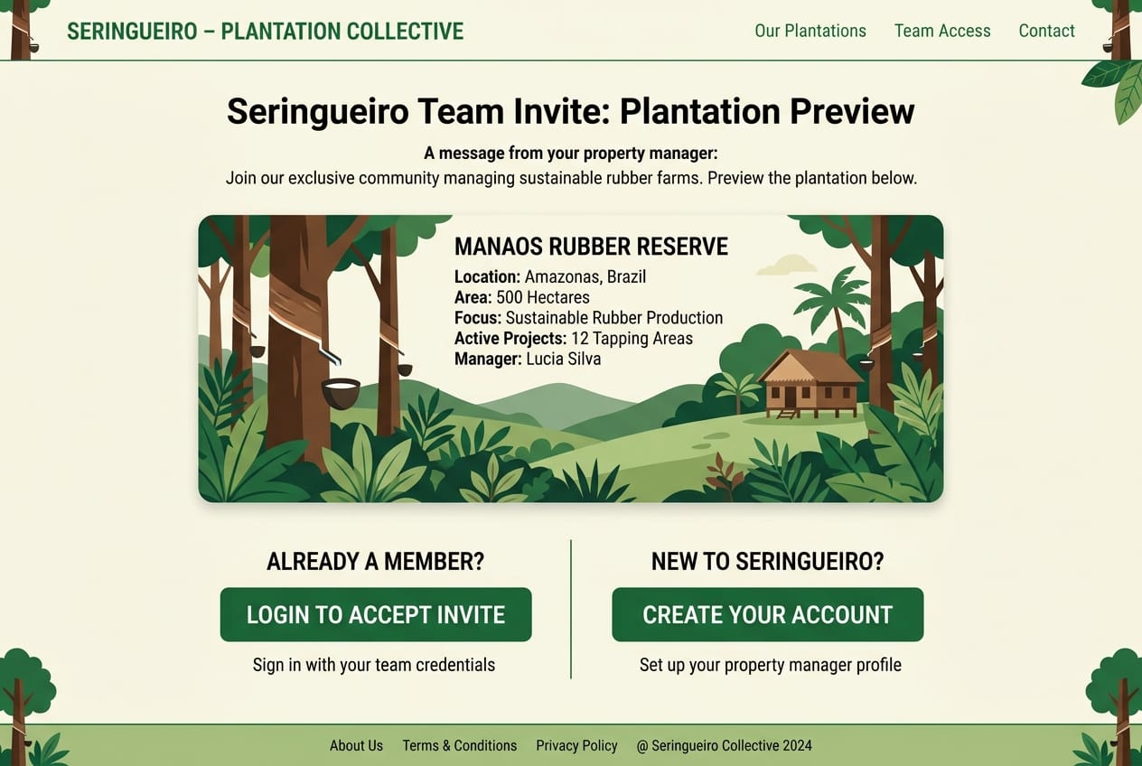 Réplica éditoriale d’une page publique de prévisualisation d’invitation d’équipe Seringueiro