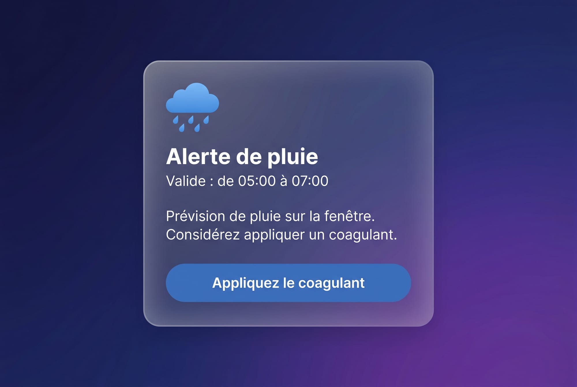 Réplica éditoriale d’une alerte de pluie dans Seringueiro avec action Appliquez le coagulant