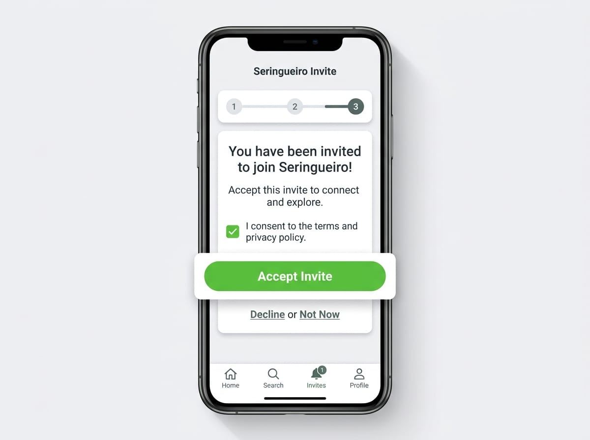 Réplica éditoriale de l’étape de consentement et d’acceptation d’une invitation d’entreprise dans Seringueiro