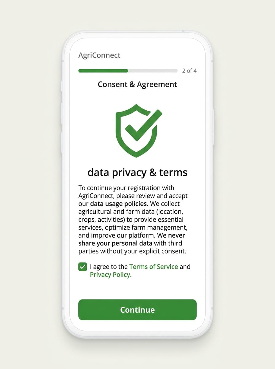 Réplica éditoriale de l’étape de consentement pendant l’inscription dans Seringueiro