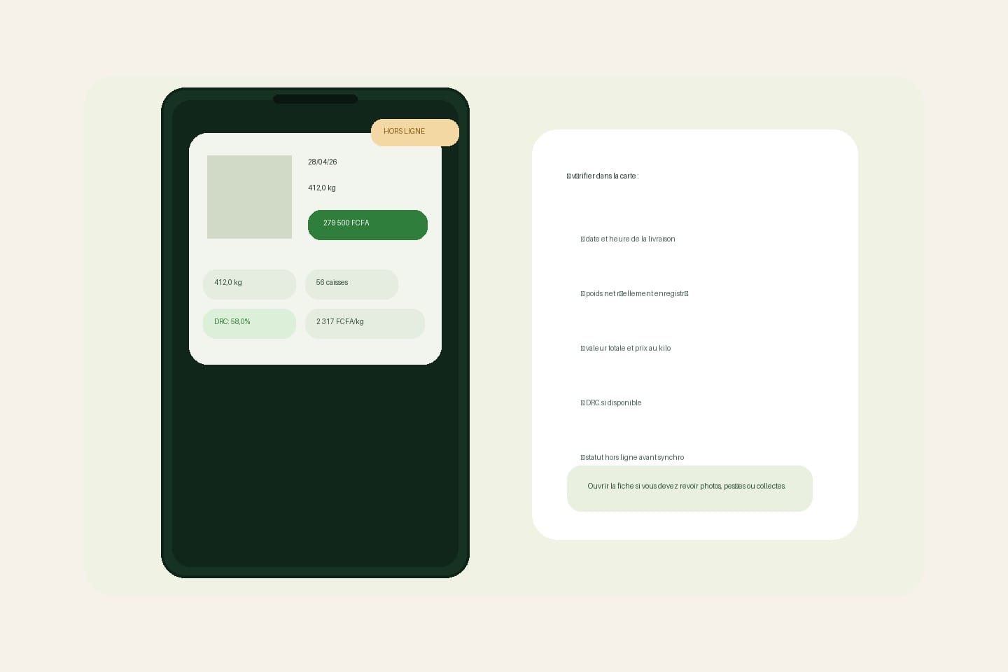 Réplica éditoriale d’une carte de livraison dans Seringueiro avec poids, valeur, DRC et statut hors ligne