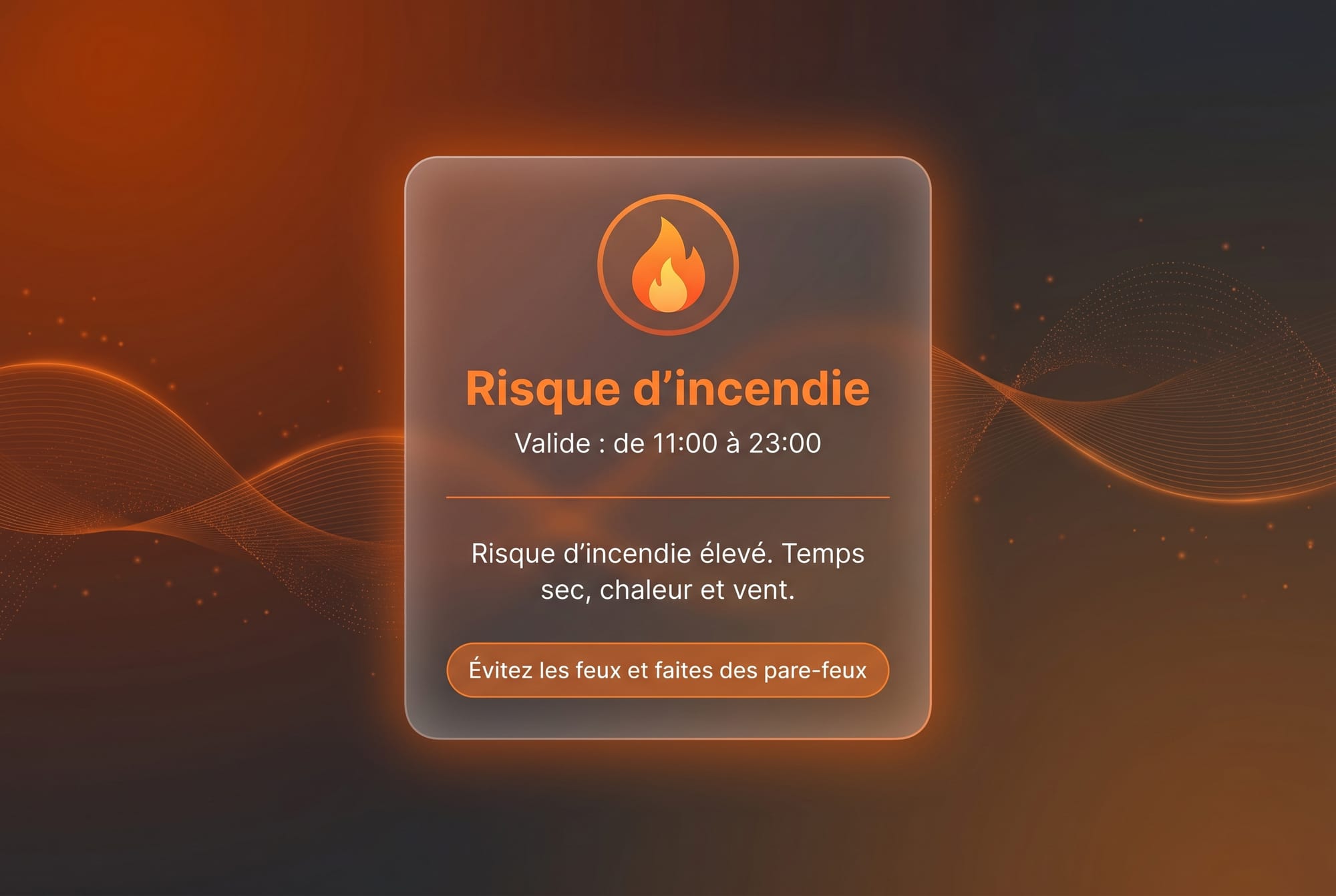 Réplica éditoriale d’une alerte de risque d’incendie dans Seringueiro avec action Évitez les feux et faites des pare-feux