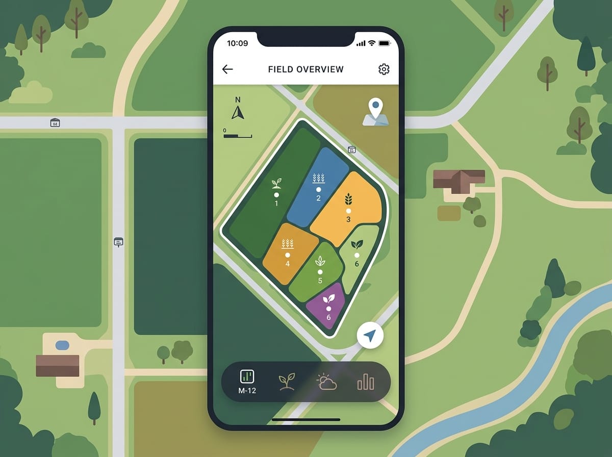 Réplica éditoriale de la carte des tables avec contour du module, zones colorées par table et marqueurs de centroïde dans l’app Seringueiro
