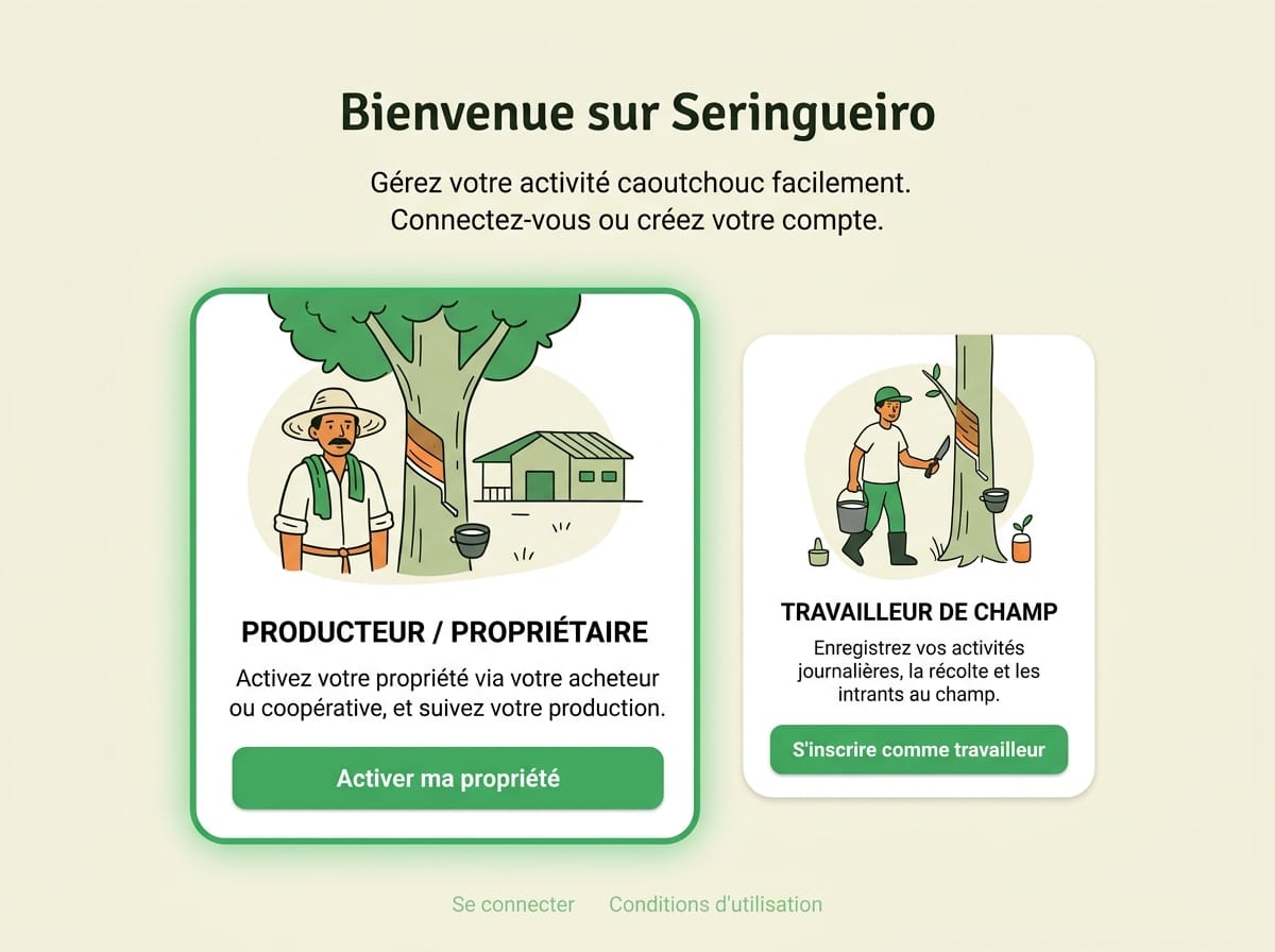 Réplica éditoriale de l’onboarding avec le parcours producteur dans Seringueiro