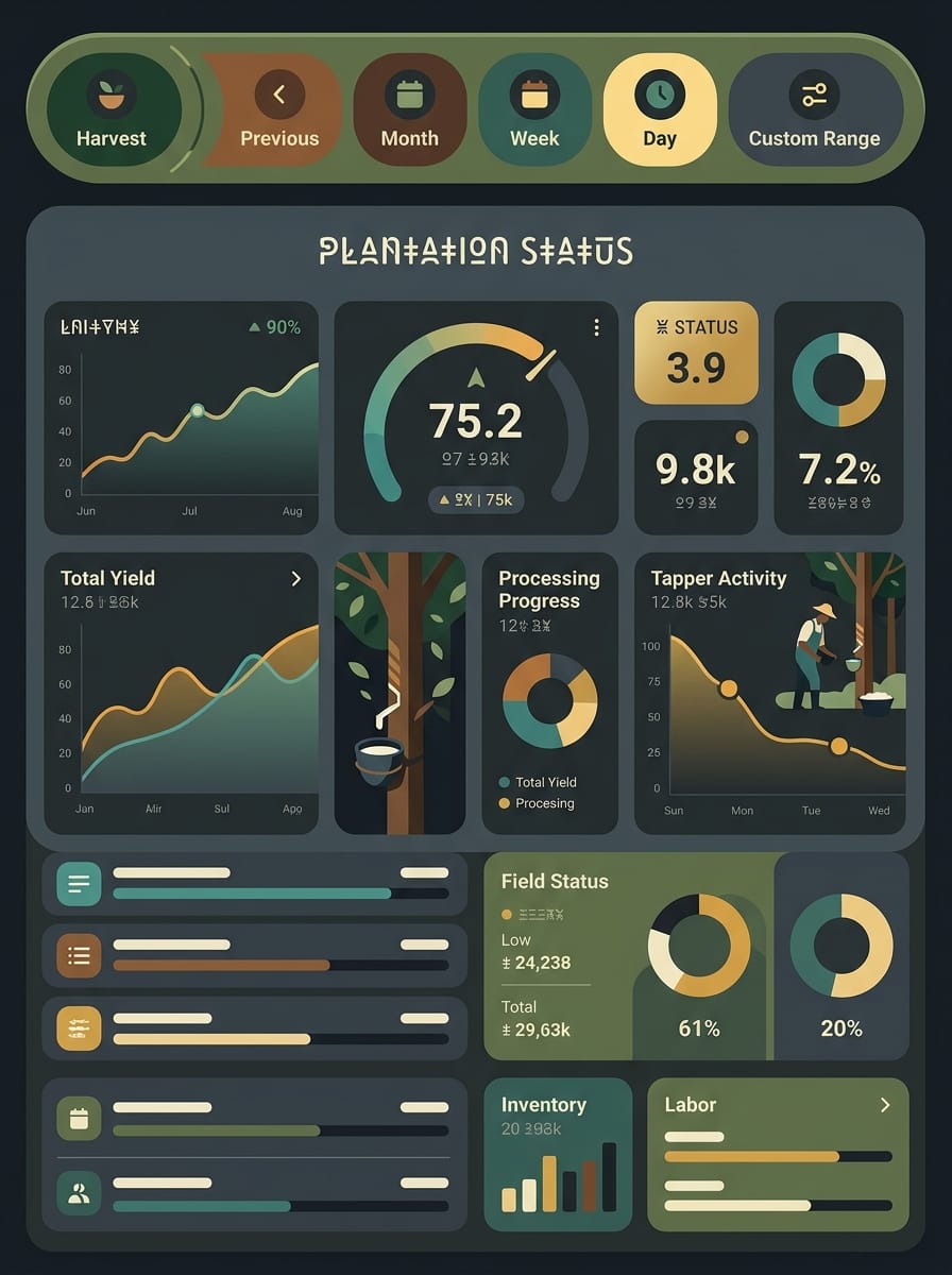 Écran éditorial de productivité com seletor de período para analisar rendimento