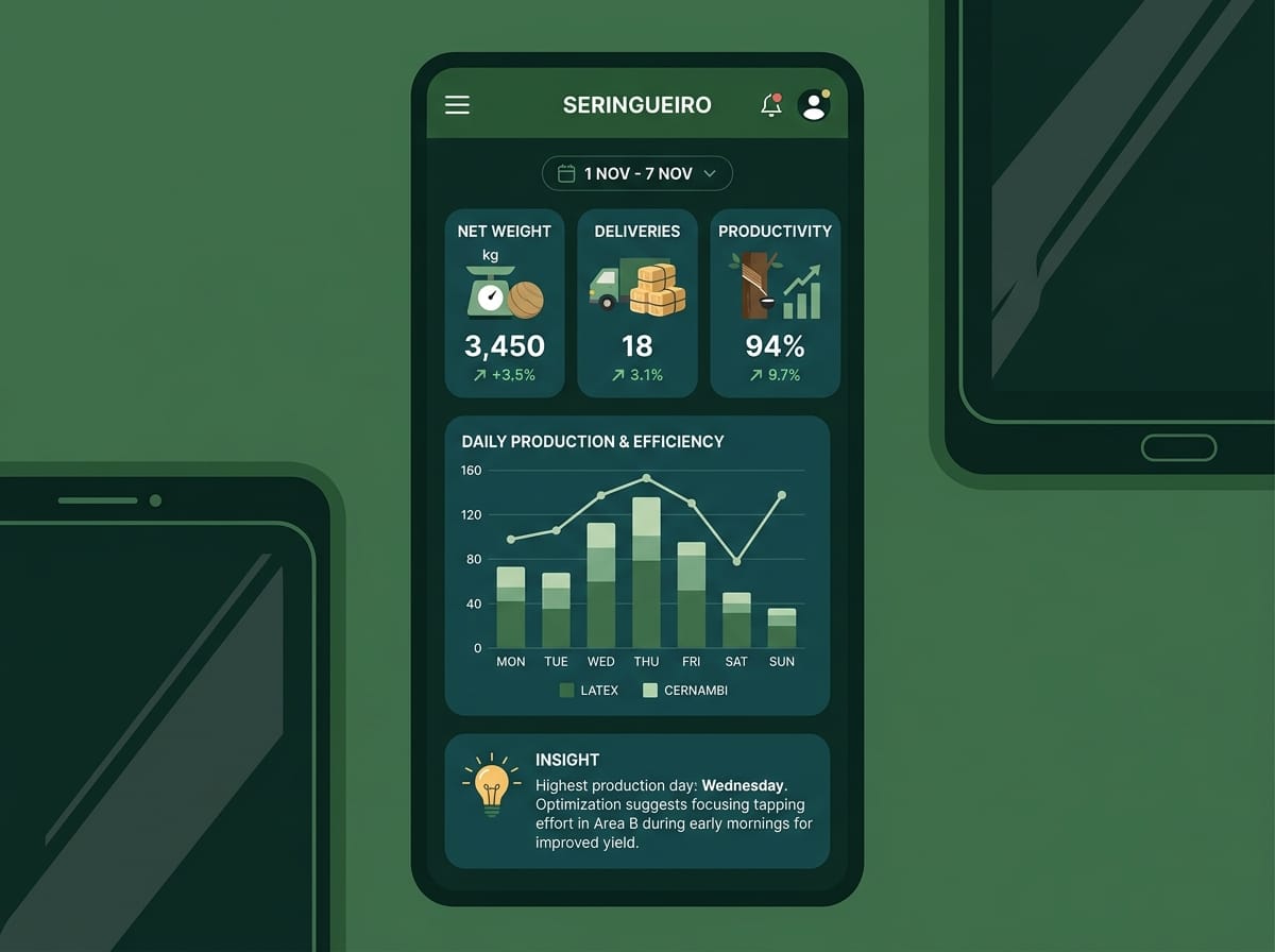 Réplica éditoriale de l’analyse de production journalière avec métriques principales et graphique combiné dans Seringueiro