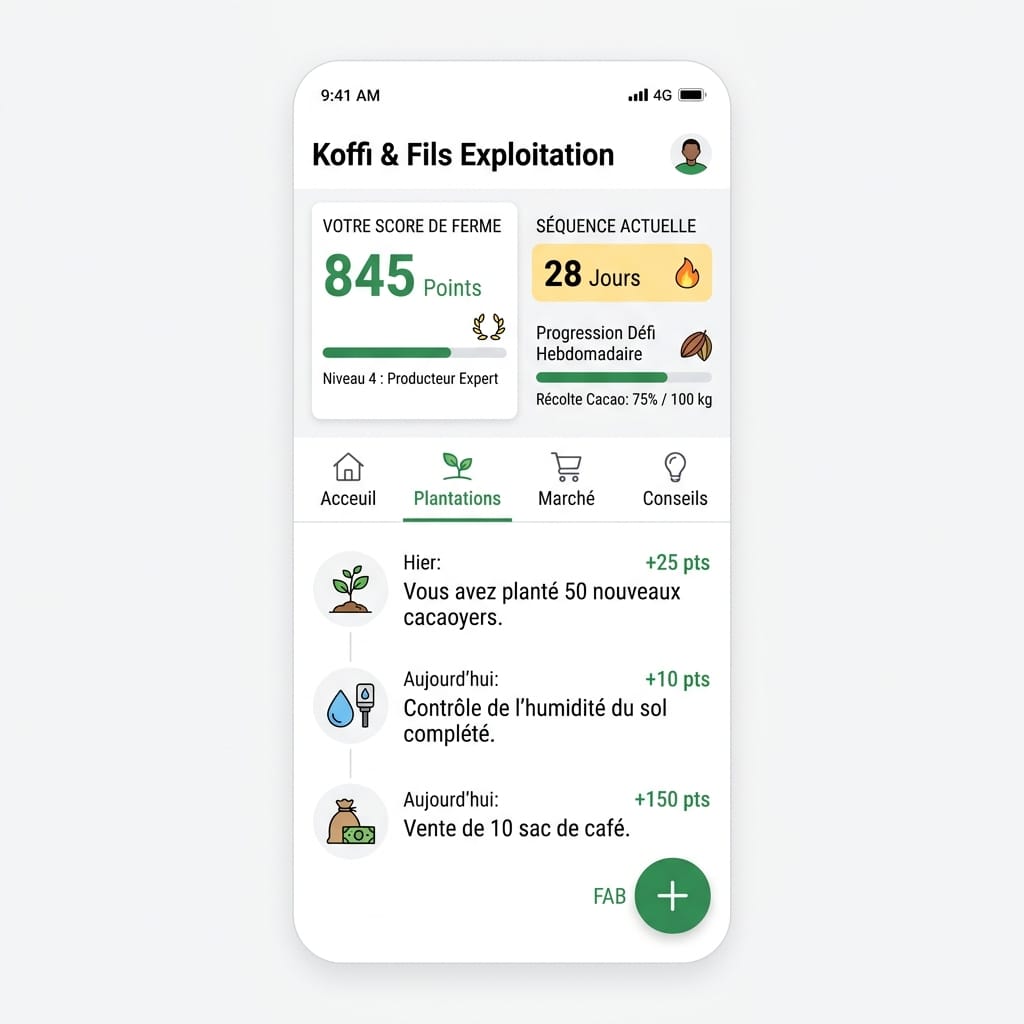 Réplica éditoriale de l’onglet Plantations avec home gamifiée dans Seringueiro