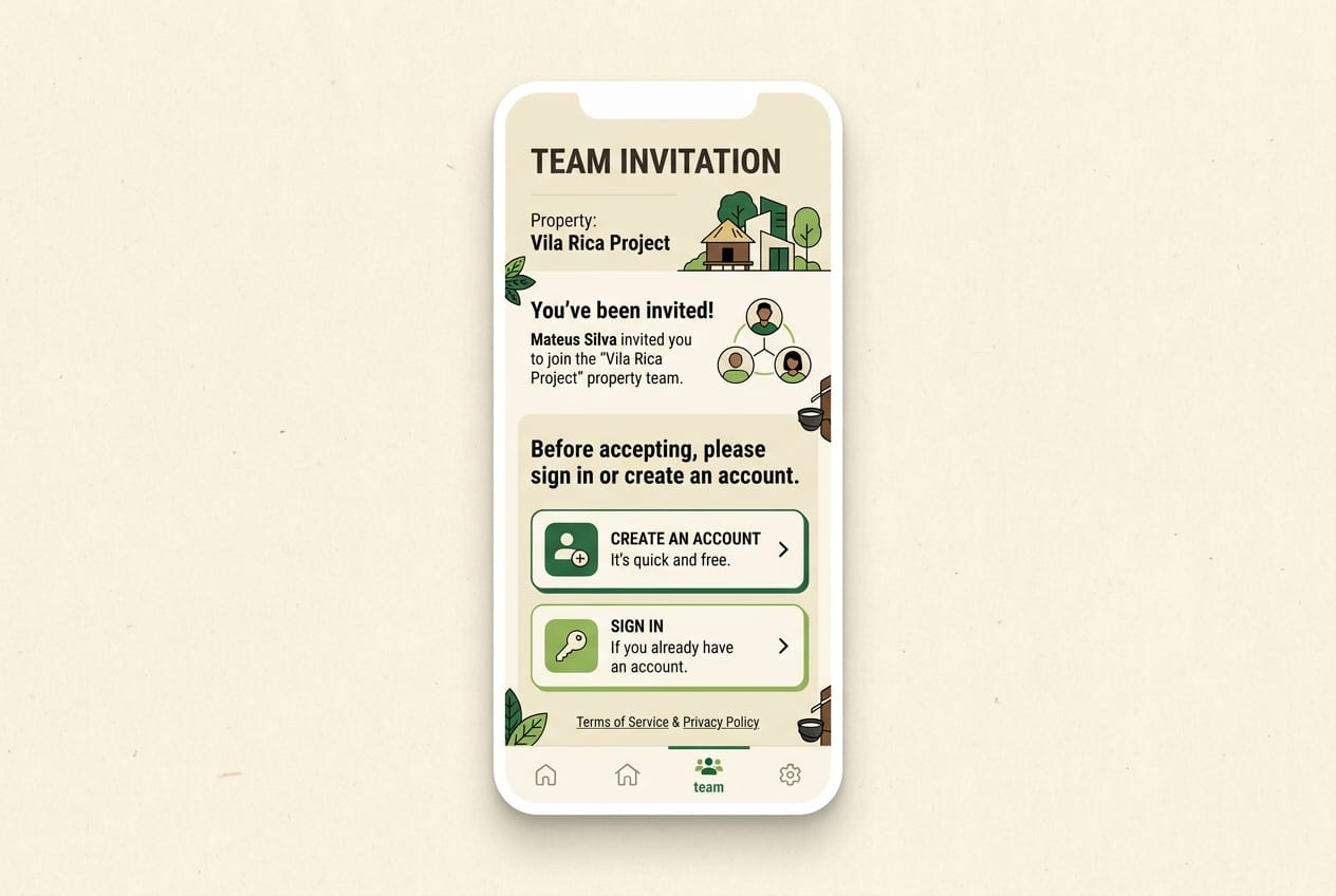 Réplica éditoriale d’un flux de connexion ou création de compte avant acceptation d’invitation Seringueiro