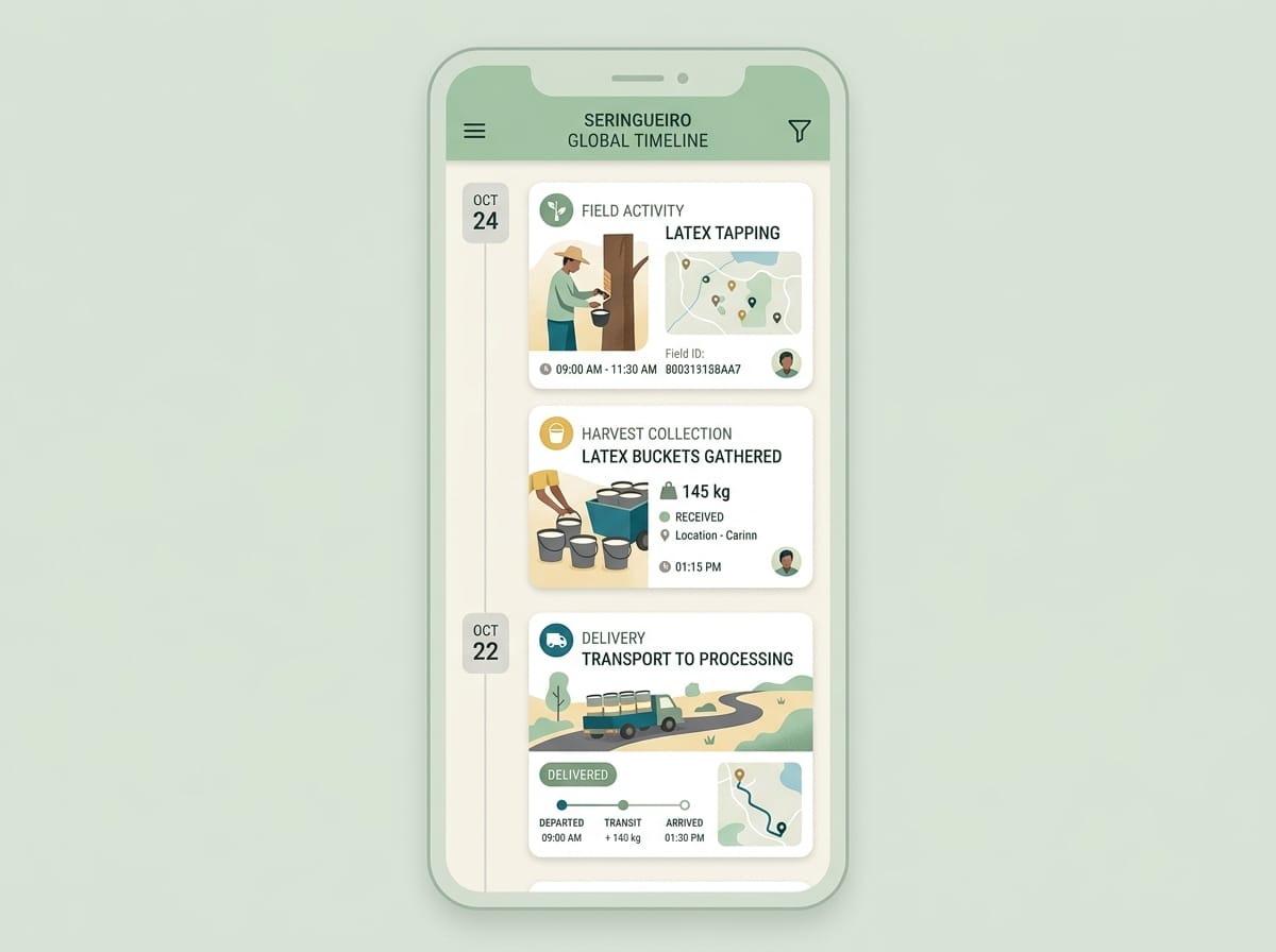 Réplica éditoriale de la timeline globale de Seringueiro avec activités, collectes et livraisons