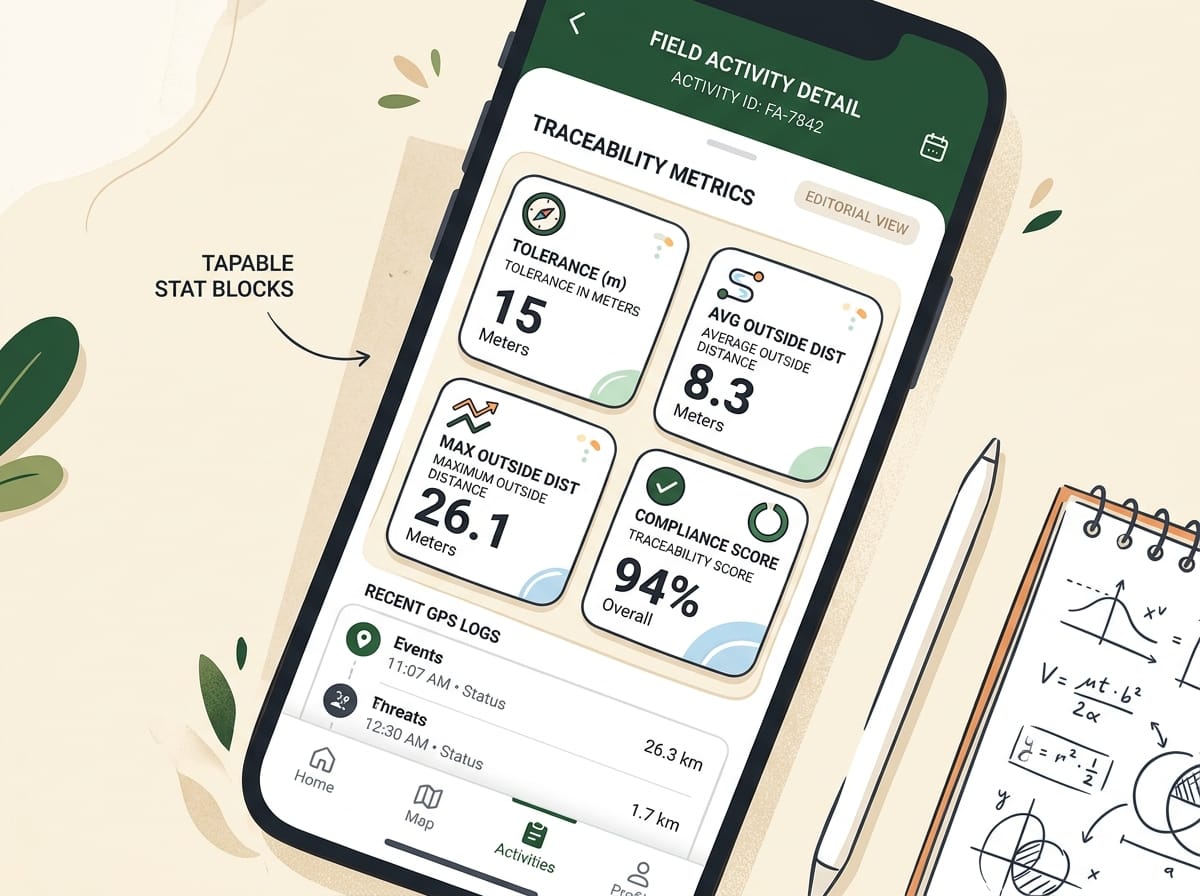 Réplica éditoriale du panneau de métriques de traçabilité dans Seringueiro avec tolérance et distances hors parcelle