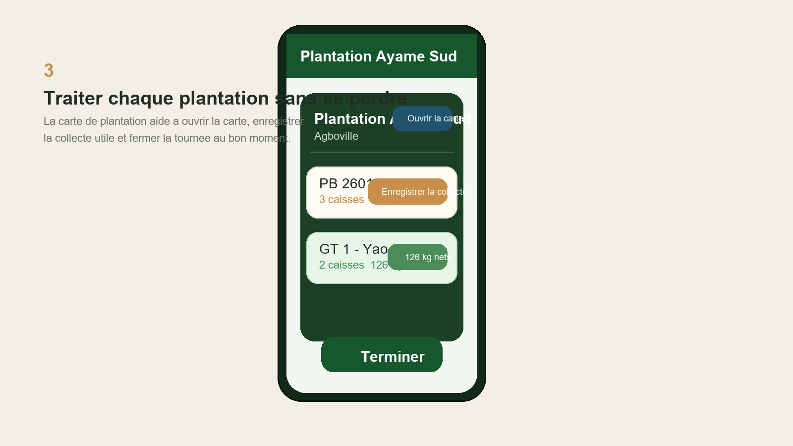 Réplica éditoriale d’une carte de plantation dans un trajet Seringueiro avec action Ouvrir la carte et modules à enregistrer