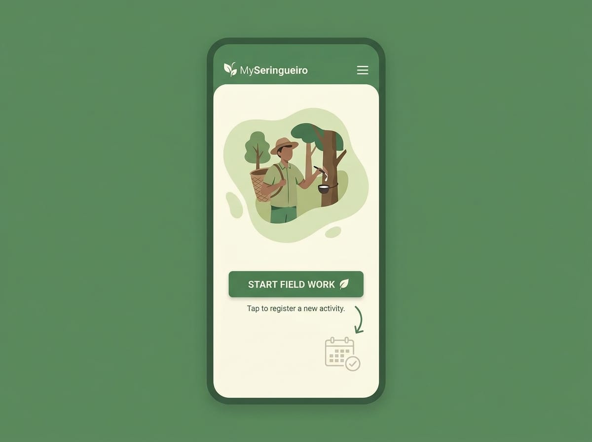Réplica éditoriale de l’écran d’accueil ou vide avec CTA pour enregistrer une activité de terrain dans Seringueiro