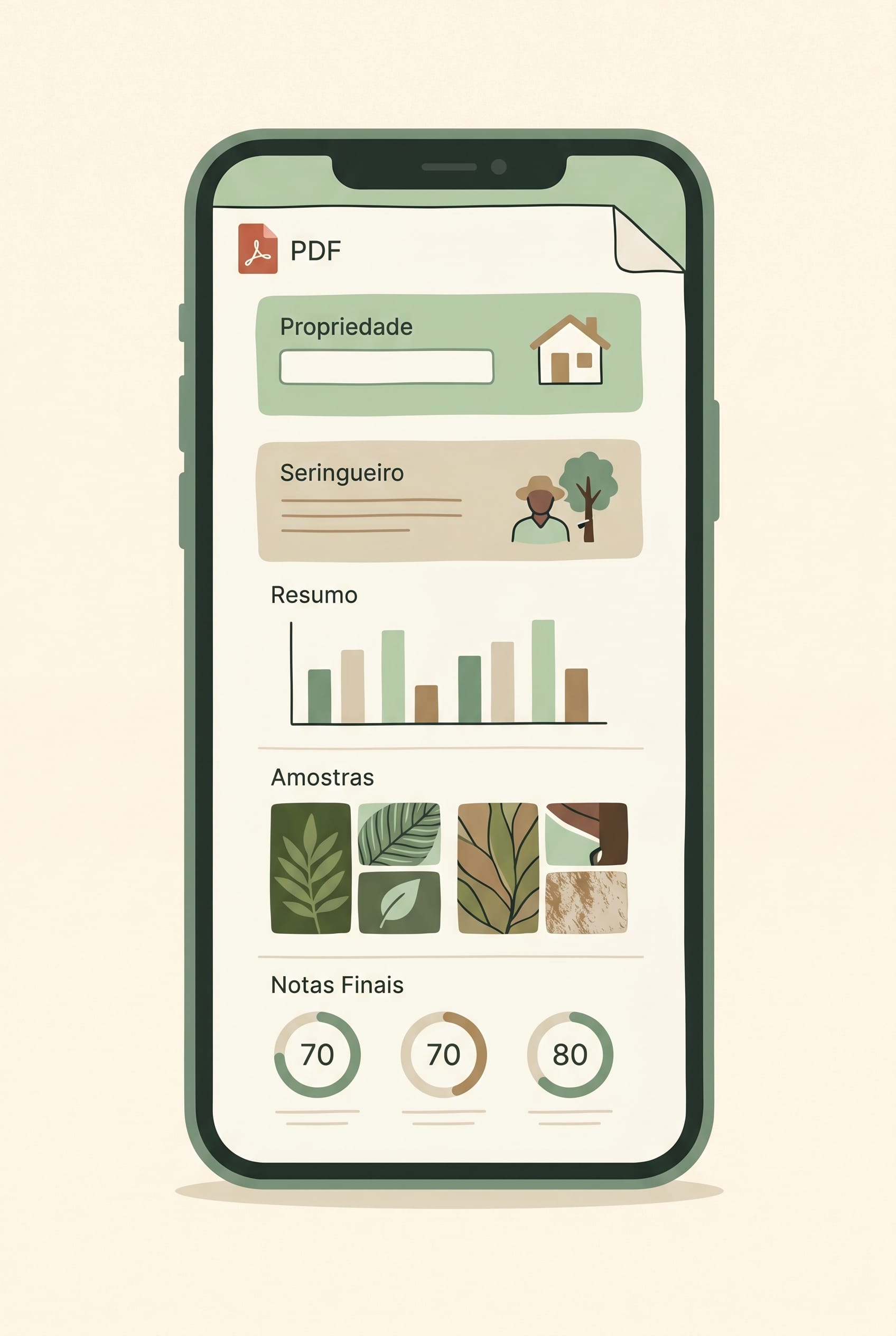 Réplica éditoriale du PDF d’évaluation avec sections de propriété, résumé, échantillons et notes finales dans Seringueiro