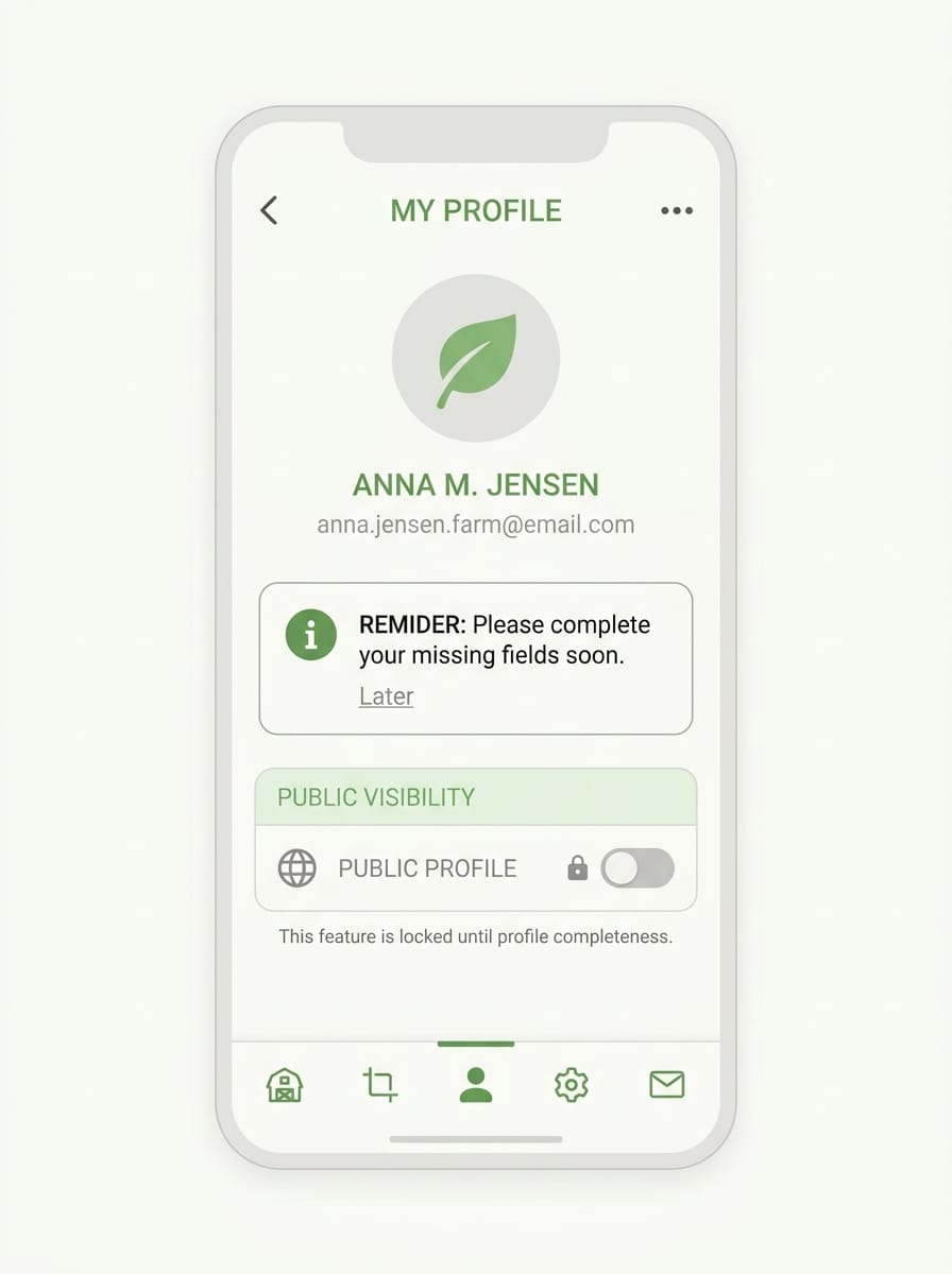 Réplica éditoriale de l’écran Mon Profil avec rappel de complétion dans Seringueiro