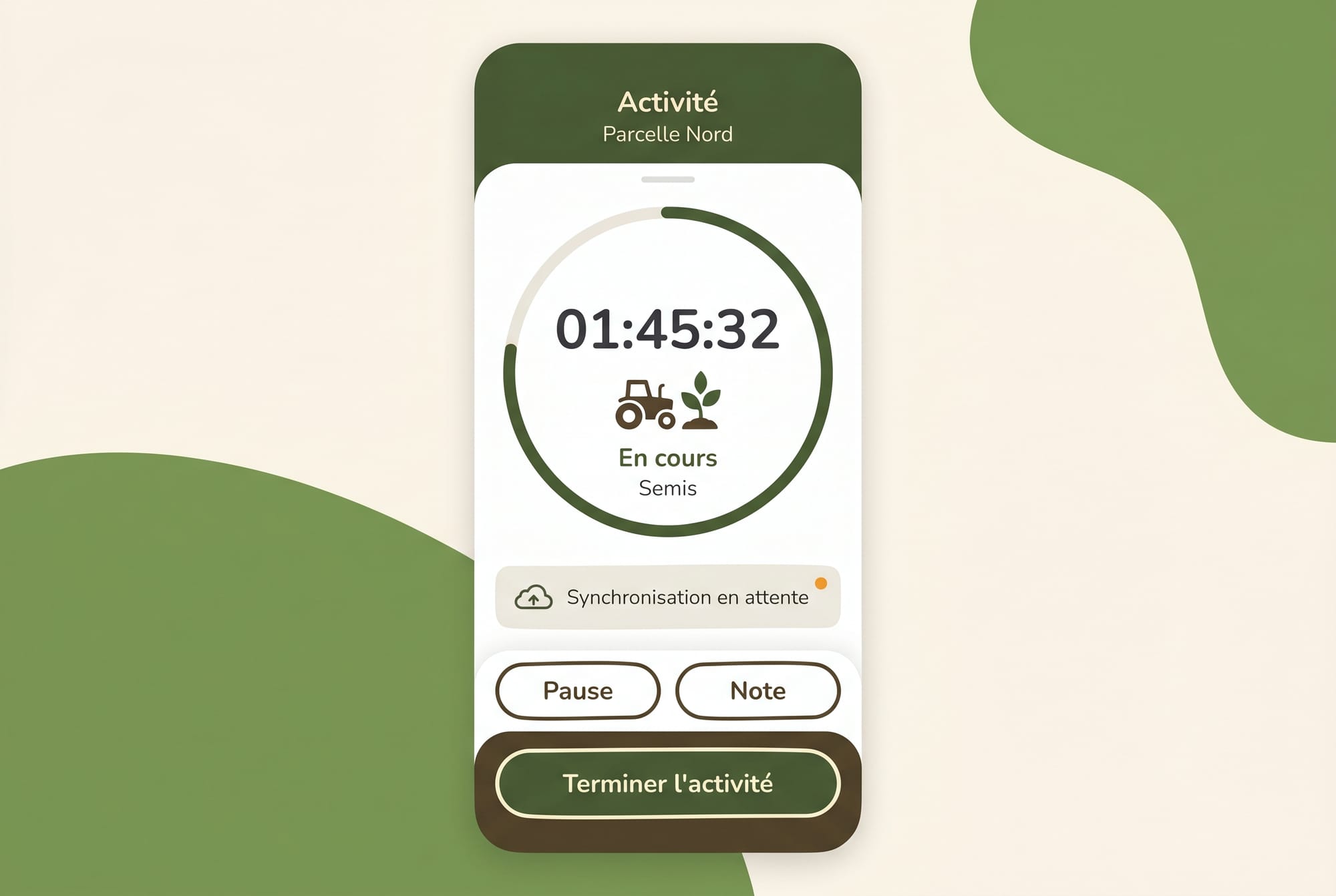 Réplica éditoriale de l’écran d’activité en cours dans Seringueiro avec chronomètre et bannière de synchronisation