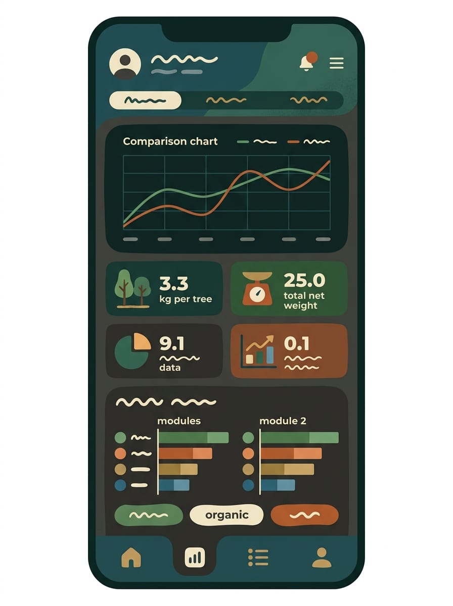 Écran éditorial de análise de produtividade com métricas comparativas no app Seringueiro