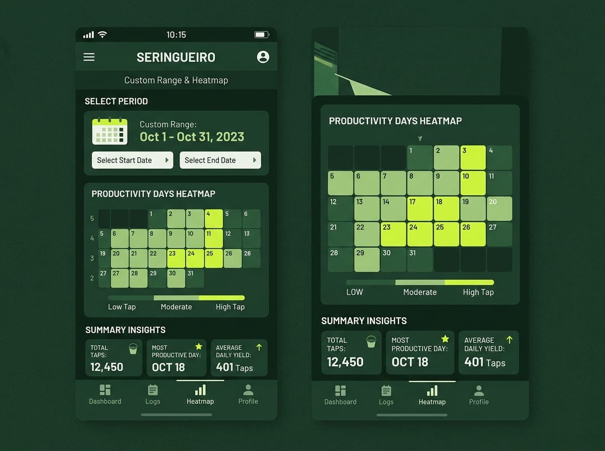Réplica éditoriale d’une plage personnalisée et d’une heatmap de jours productifs dans l’écran de productivité de Seringueiro