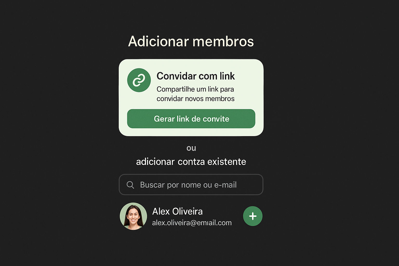 Réplica editorial da tela Adicionar membros no app Seringueiro, com destaque para o cartão Convidar com link e a busca de conta existente