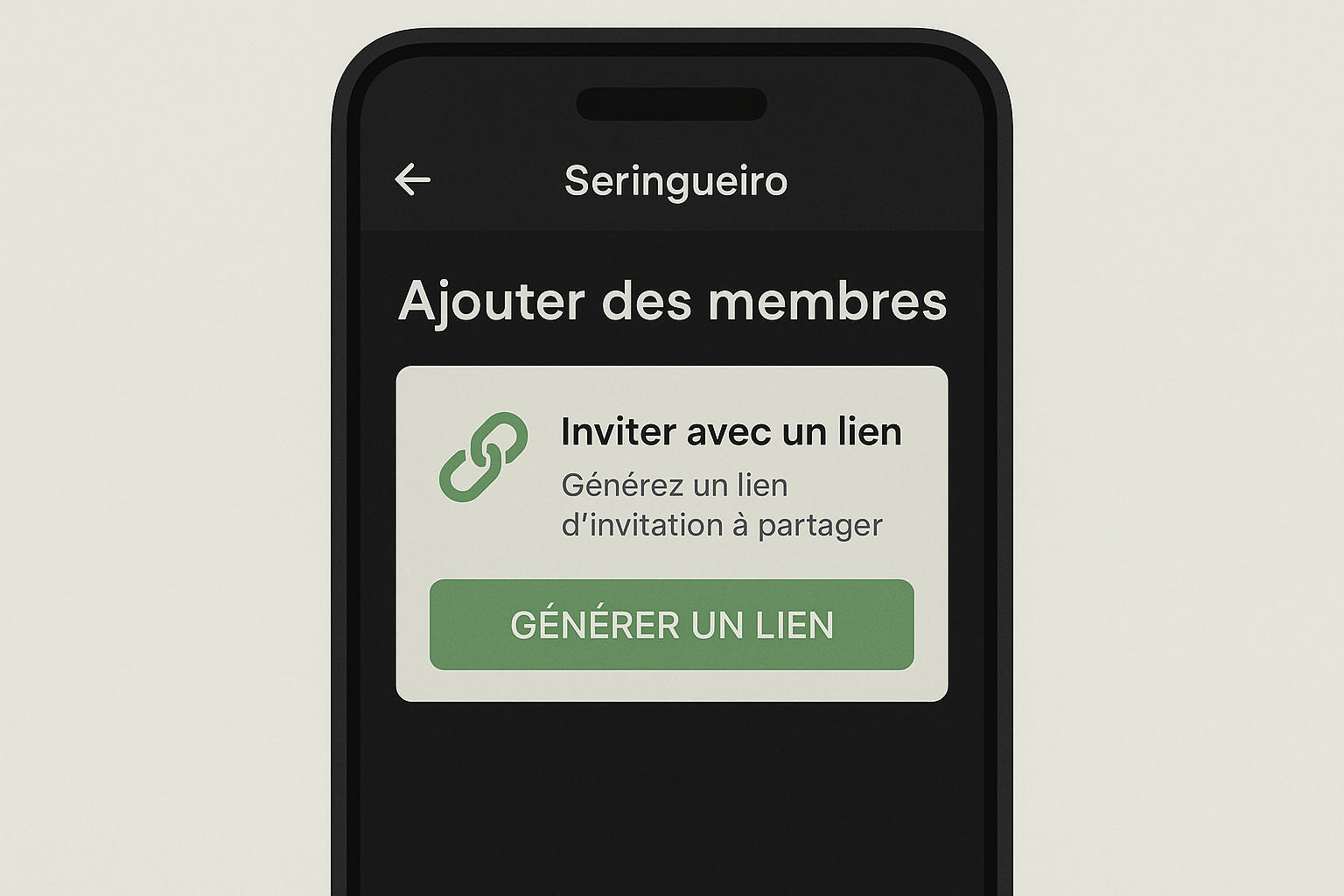 Réplica editorial de l’écran Ajouter des membres dans l’app Seringueiro